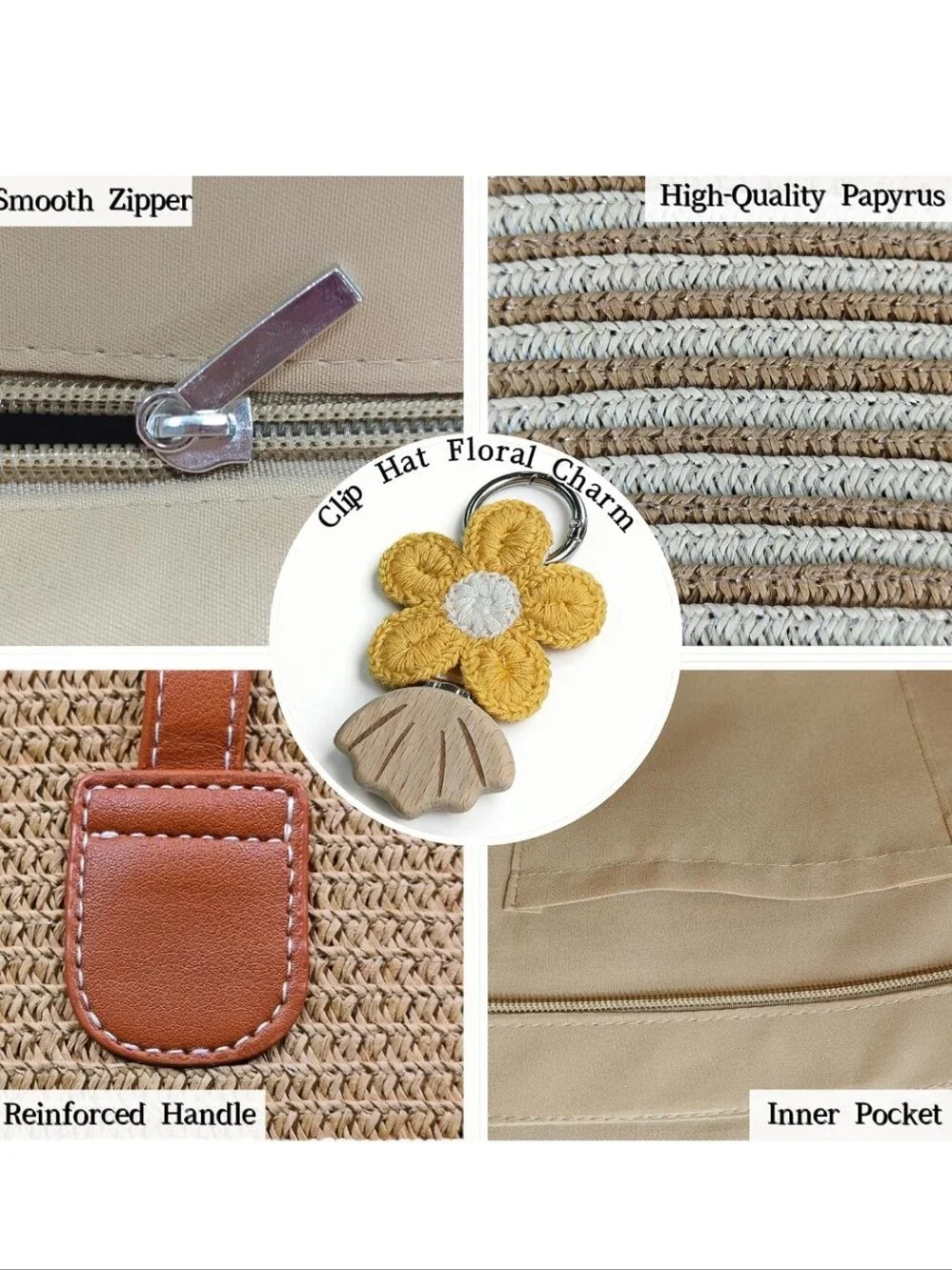 Straw Tote Bag in Tan with Yellow Flower Charm